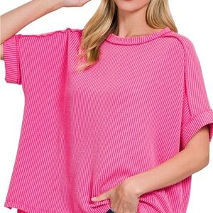 Vibrant Pink Ribbed Women's Short Sleeve Top
